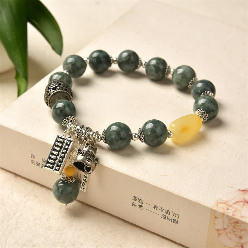 Pulsera de éxito de gato de la suerte con ábaco ámbar, jade cian y plata de ley 925 - Jade Cian (Éxito ♥ Curación) - image 1