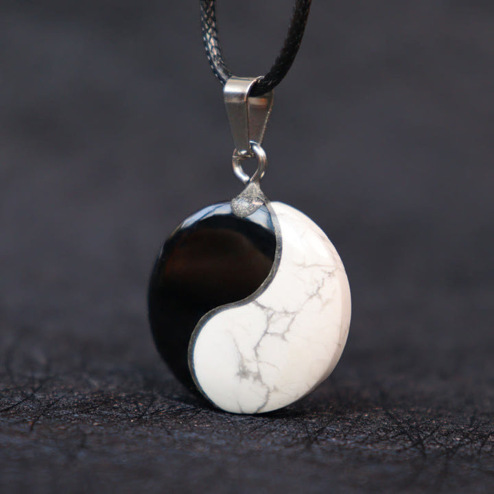 Buddha Stones Natural obsidiana negra turquesa blanca Yin Yang transformación collar con colgante de cuerda