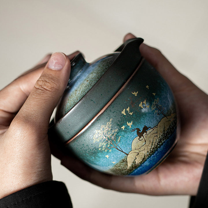 Taza de té de cerámica con Buddha Stones , ciervo, árboles de montaña, gato encantador, taza de té negra con tapa y bolsa