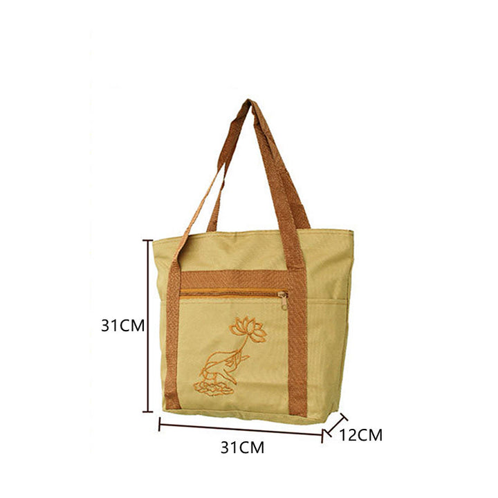 Bolsa de hombro de lona con patrón de bordado de loto para práctica de la mente espiritual