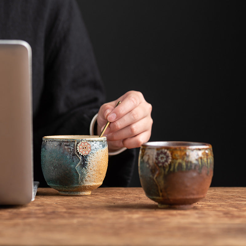 Taza de café de cerámica con cambio de horno de girasol de Buddha Stones , taza de café expreso con leche y té, 250ml