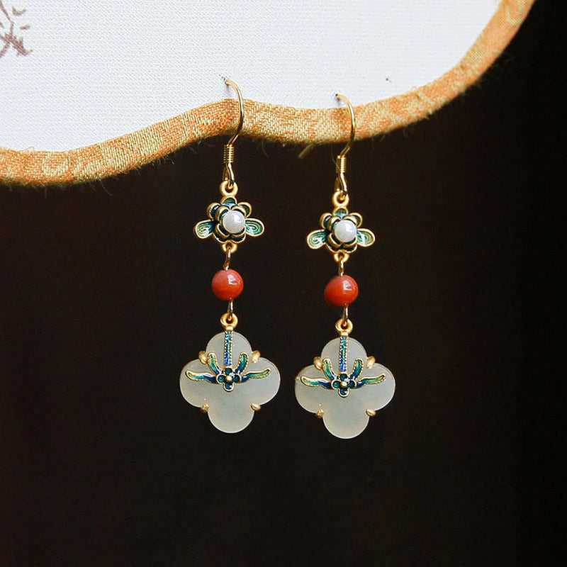 Pendientes de cobre con abundancia de jade, trébol de cuatro hojas de la suerte, Buddha Stones