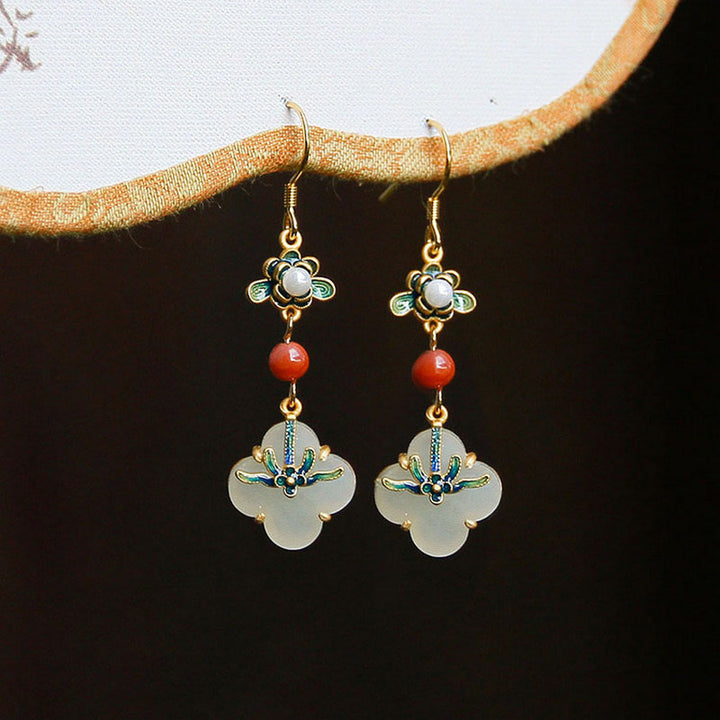 Pendientes de cobre con abundancia de jade, trébol de cuatro hojas de la suerte, Buddha Stones
