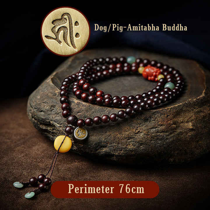 Buddha Stones zodiaco chino Buda Natal 108 cuentas Mala hoja pequeña sándalo rojo ágata roja pulsera de protección PiXiu
