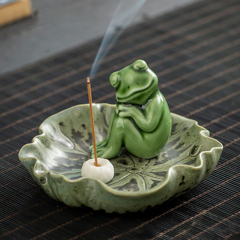 Quemador de incienso de cerámica curativo con patrón de rana para meditación de hojas de Buddha Stones, decoración