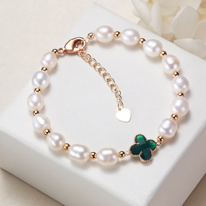 Pulsera de cadena de riqueza con trébol de cuatro hojas y perlas de Buddha Stones