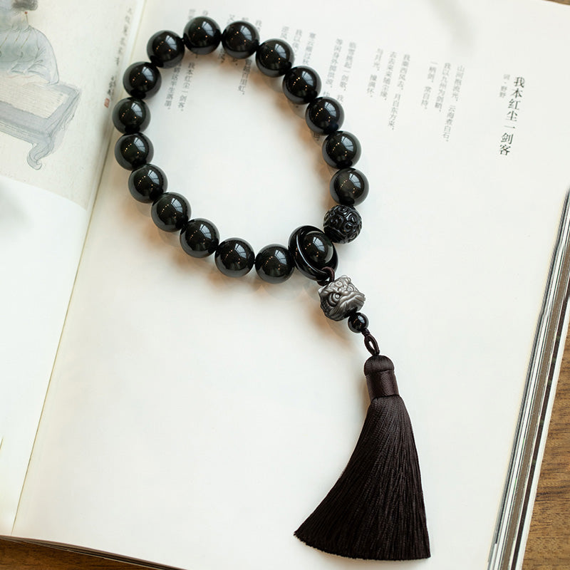 Obsidiana con brillo de plata Natural, León de obsidiana negra, protección Mala para muñeca, borlas, bolsillo, decoración para coche