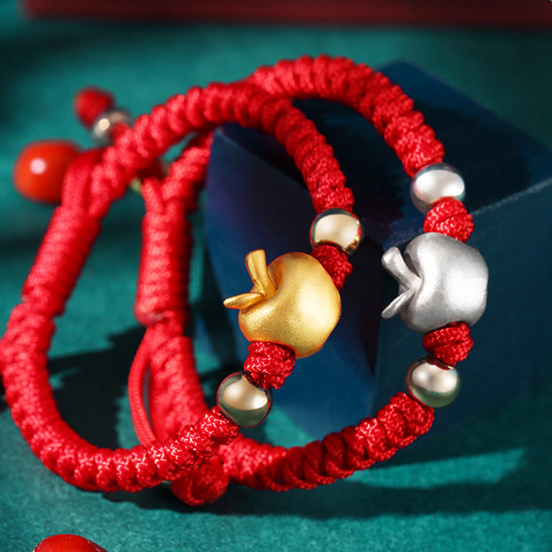 Pulsera para niños hecha a mano con Buddha Stones de plata de ley 999, color rojo manzana, cuerda multicolor, protección de la suerte