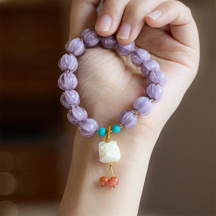 Buddha Stones Liuli cuentas de cristal diseño de loto fluorita marfil fruta bailando León encanto pulsera de iluminación