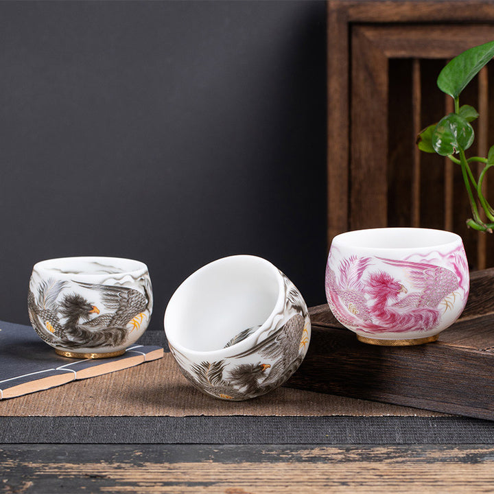 Taza de té de cerámica de porcelana blanca Phoenix Buddha Stones, taza de té de Kung Fu de 185ml con caja de regalo