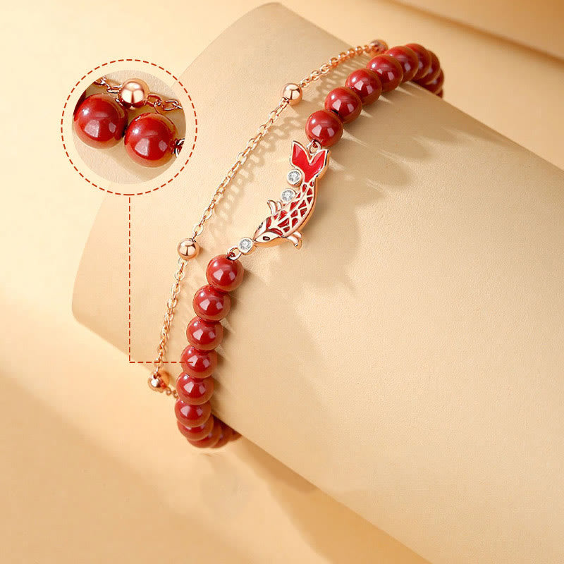 Pulsera de cadena de doble capa de plata de ley 925 con Buddha Stones , pez Koi de la suerte, circonita cinabrio, prosperidad