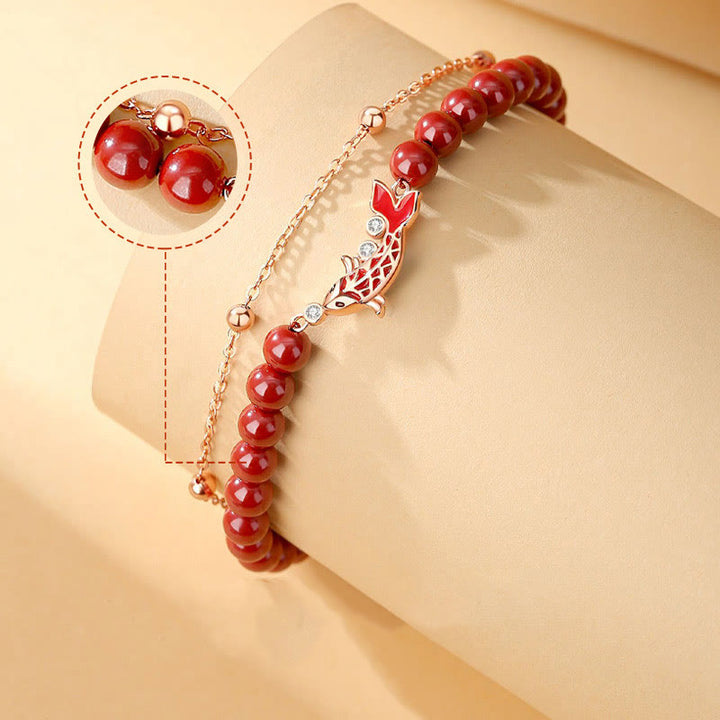 Pulsera de cadena de doble capa de plata de ley 925 con Buddha Stones , pez Koi de la suerte, circonita cinabrio, prosperidad