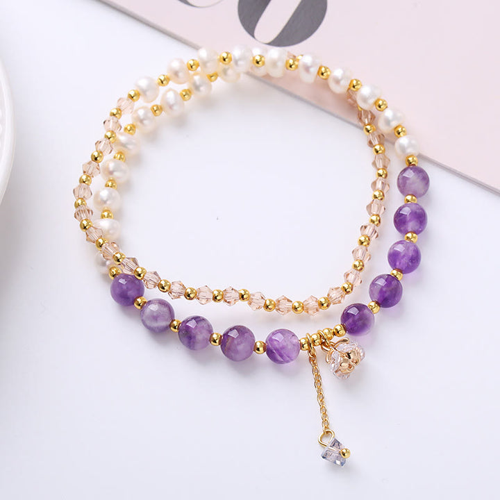 Pulsera de doble vuelta con amatista natural, aguamarina, fresa, cuarzo, perla, curación de la paz