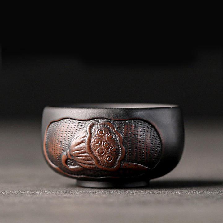 Buddha Stones, hoja de loto, paisaje de flores, dragón, taza de té de cerámica de bambú, tazón de taza de té de Kung Fu