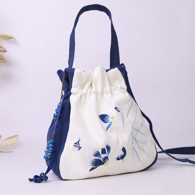 Bolso bandolera con Buddha Stones, bordado, mariposa, loto, magnolia, algodón y lino