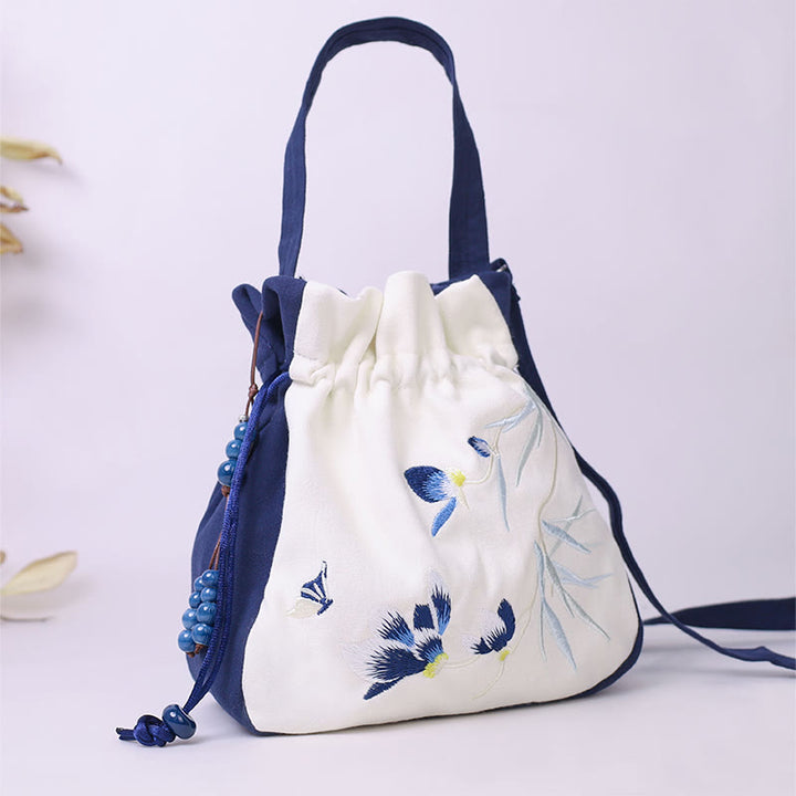 Bolso bandolera con Buddha Stones, bordado, mariposa, loto, magnolia, algodón y lino