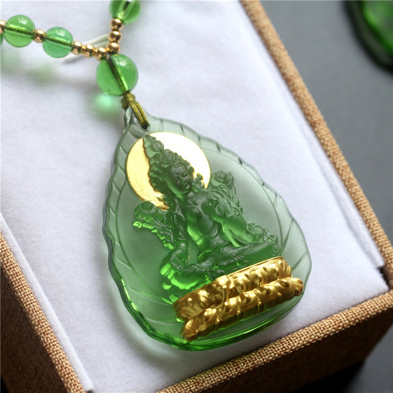 Buddha Stones Tara Verde Tibetana Buda Chapado en Oro Liuli Collar de protección de Cristal Colgante - image 5