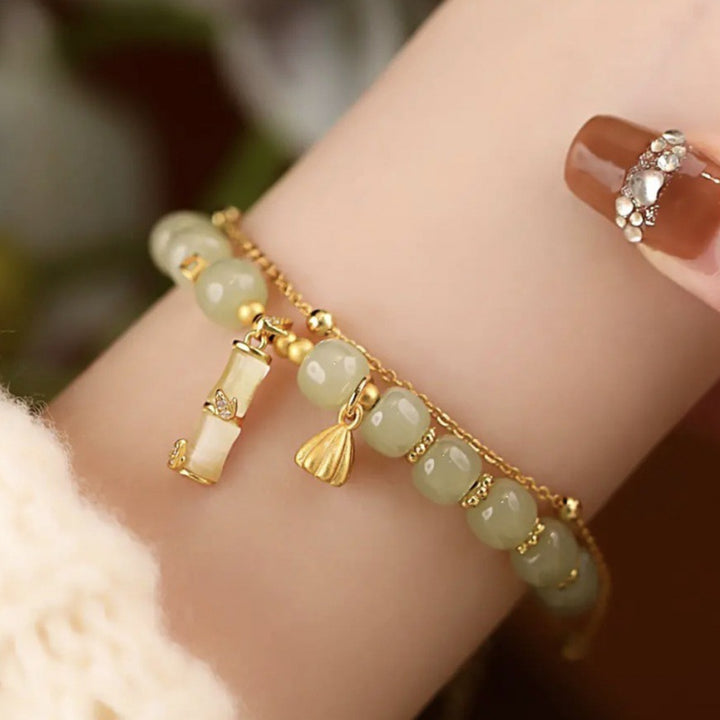 Pulsera con dijes de bambú y loto de prosperidad, jade hetiano natural, Buddha Stones