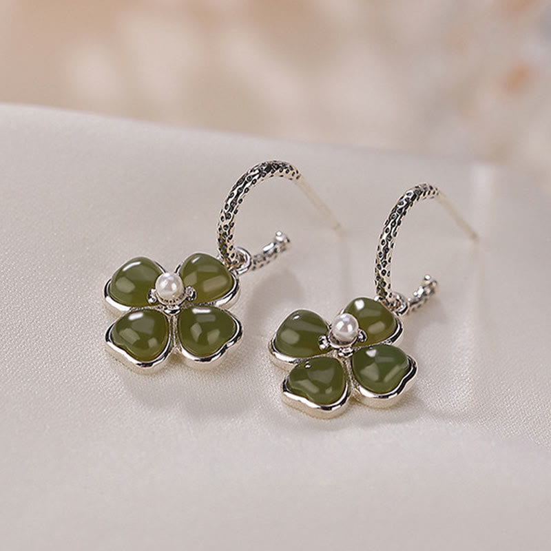 Pendientes de plata de ley 925 con Buddha Stones , jade cian natural, trébol de cuatro hojas, suerte y éxito