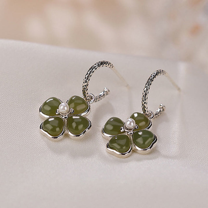 Pendientes de plata de ley 925 con Buddha Stones , jade cian natural, trébol de cuatro hojas, suerte y éxito