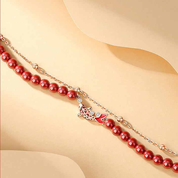 Pulsera de cadena de doble capa de plata de ley 925 con Buddha Stones , pez Koi de la suerte, circonita cinabrio, prosperidad