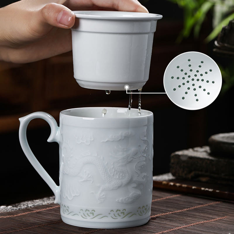 Buddha Stones Jingdezhen Linglong porcelana auspiciosa dragón Fénix barco navegación suave taza de té de cerámica tazas de té de oficina 420ml