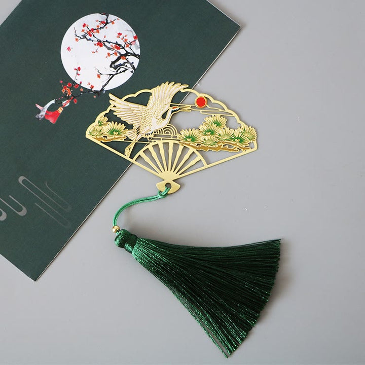 Buddha Stones, mariposa tradicional, flor de loto, grúa, dragón, Fénix, zorro, pez Koi, nuevo comienzo, marcapáginas de abanico hueco de Metal y latón