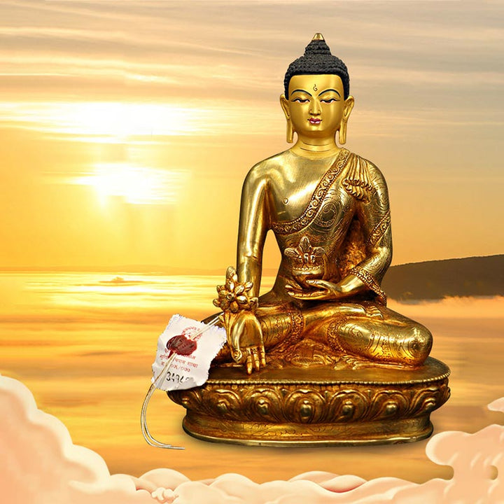 Buda Shakyamuni Medicina Buda Compasión Cobre Chapado En Oro Estatua Decoración