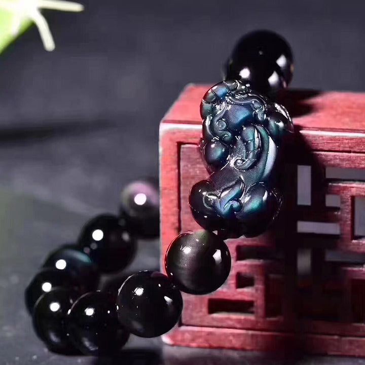 Pulsera de la suerte de obsidiana arcoíris FengShui PiXiu con Buddha Stones