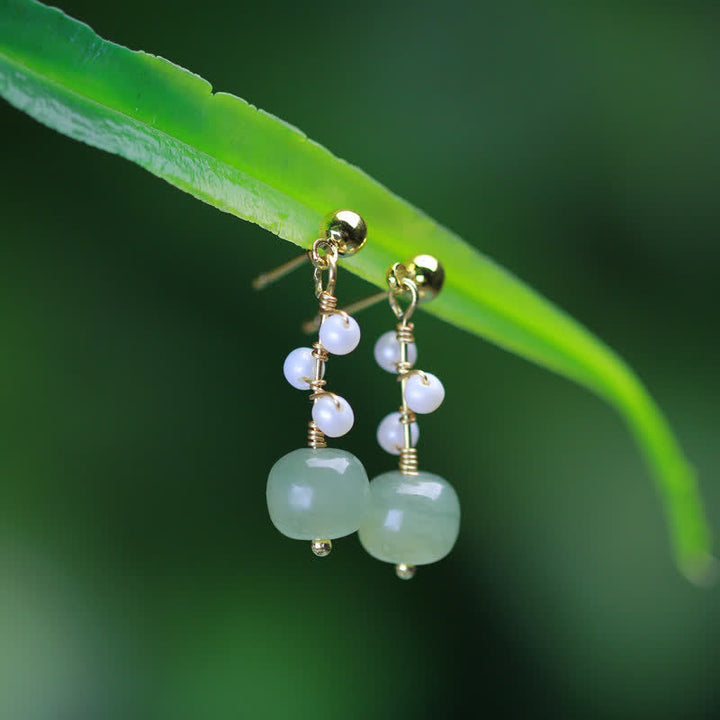 Pendientes colgantes con forma de gota de la suerte, chapados en oro de 14 quilates, con patrón de flores de jade hetiano