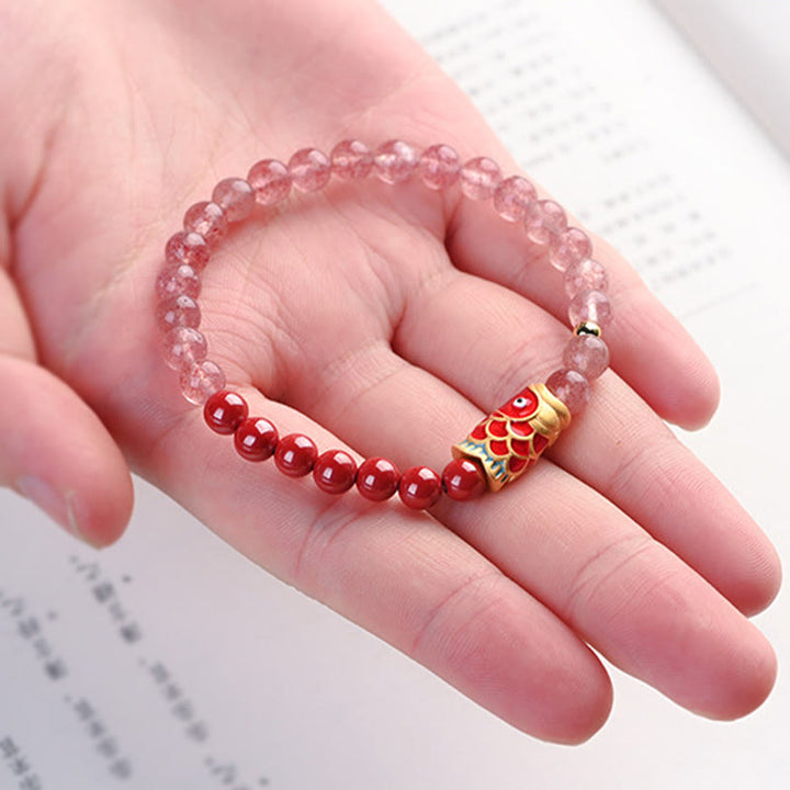 Pulsera curativa de peces Koi de la suerte, cinabrio, cuarzo fresa Natural, Buddha Stones