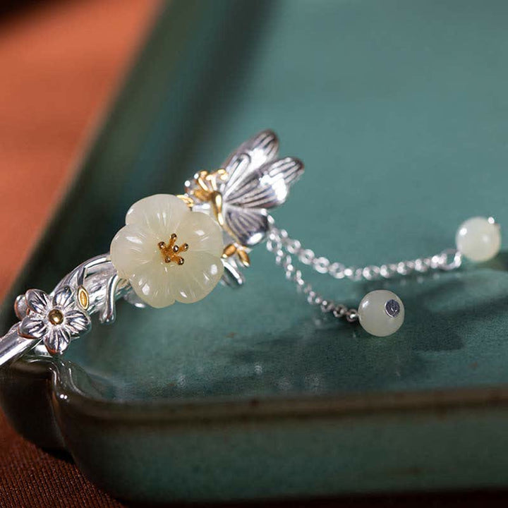 Horquilla de bendición de flor de jade blanco hetiano de plata de ley 925