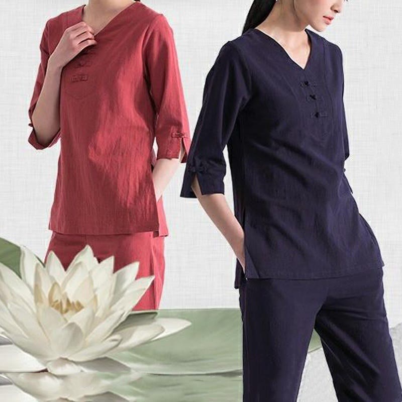 Conjunto de ropa de lino y algodón con diseño de cuello en V para mujer, uniforme de práctica Zen, Buddha Stones, Yoga, meditación y oración