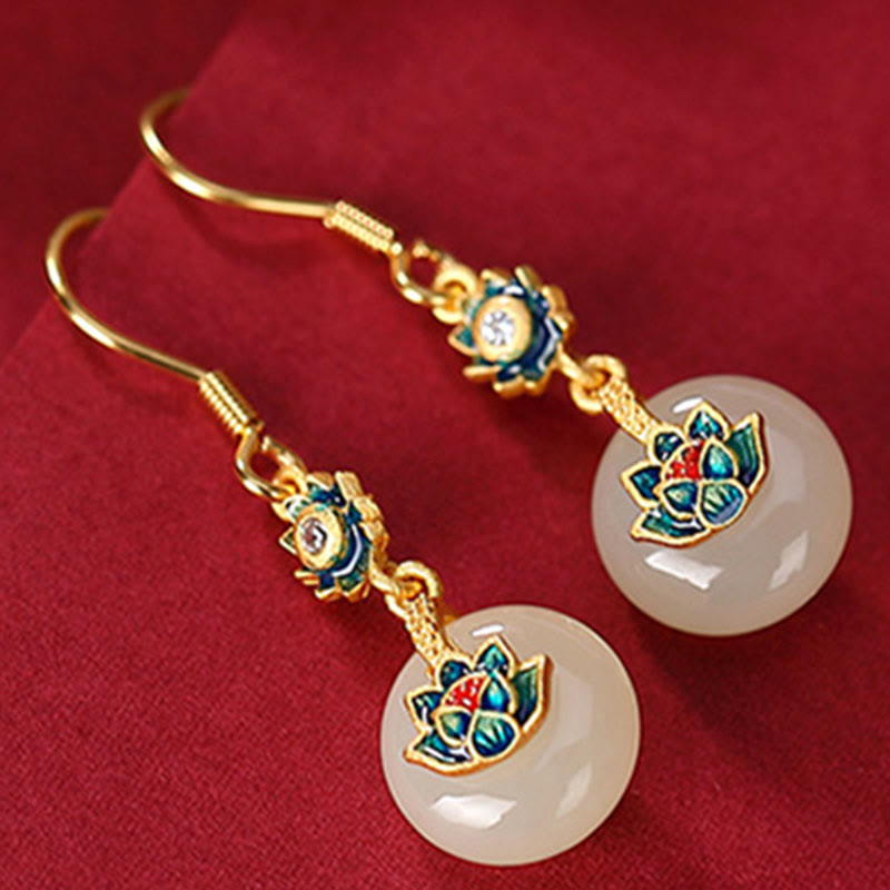 Juego de pendientes de anillo de la suerte de loto de jade hetiano chapado en plata de ley 925 con Buddha Stones