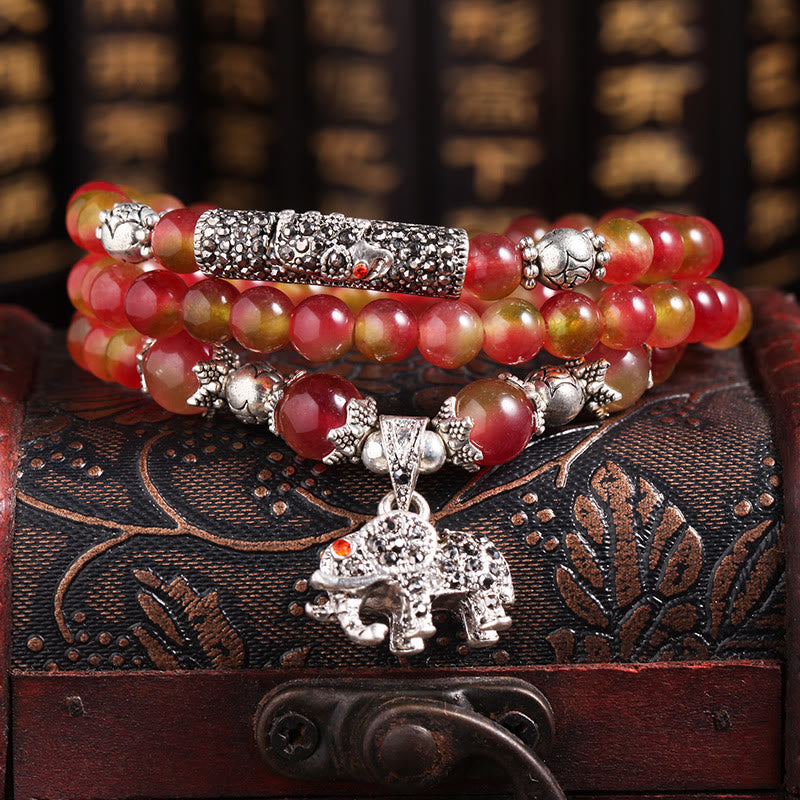 Pulsera de Triple envoltura positiva con elefante PiXiu, turmalina y sandía Natural de Buddha Stones