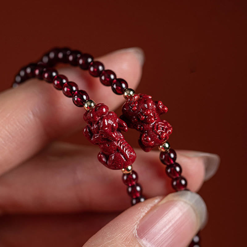 Pulsera de hilo con Buddha Stones Granate cinabrio PiXiu Blessing Calm