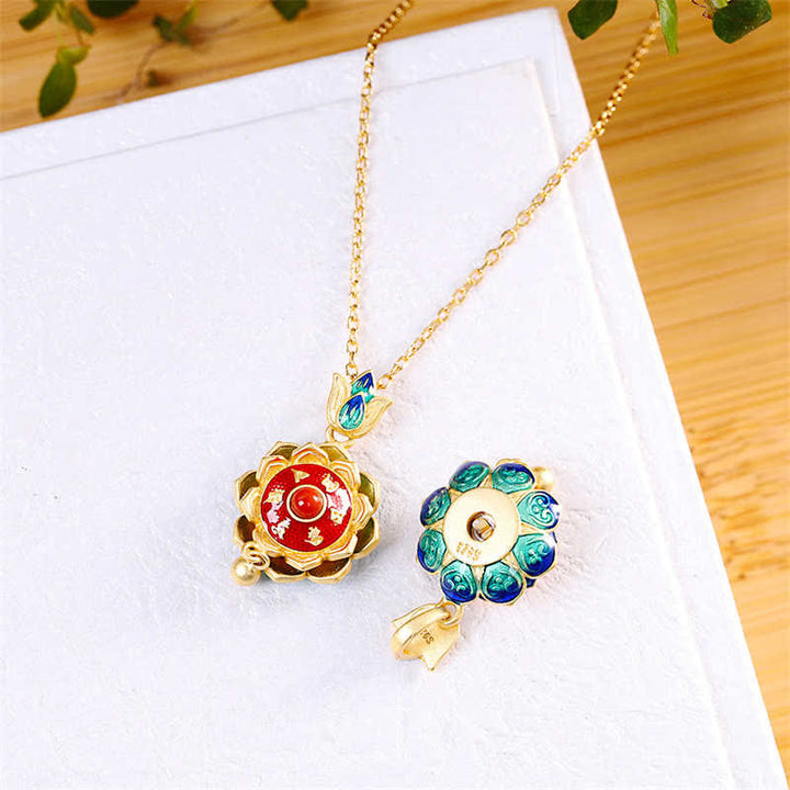 Colgante de plata de ley 925 con rueda de oración de loto del Tíbet y ágata roja - image 7