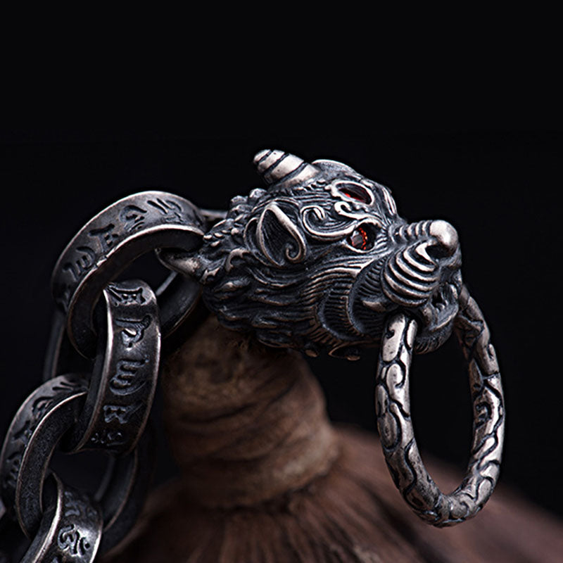 Brazalete de plata de ley 925 con diseño de dragón Kirin Om Mani Padme Hum y fuerza de éxito
