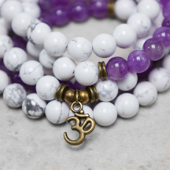 108 cuentas Mala amatista turquesa blanca OM pulsera de energía de meditación curativa
