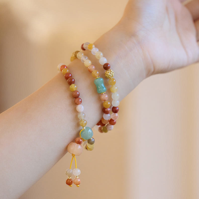 Pulsera de triple envoltura con Buddha Stones, seda dorada Natural, Jade, calabaza, riqueza, suerte