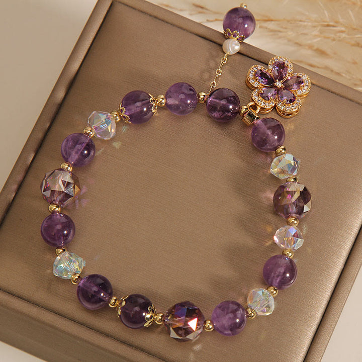 Pulsera de transformación positiva con dije de flor de perla de amatista natural