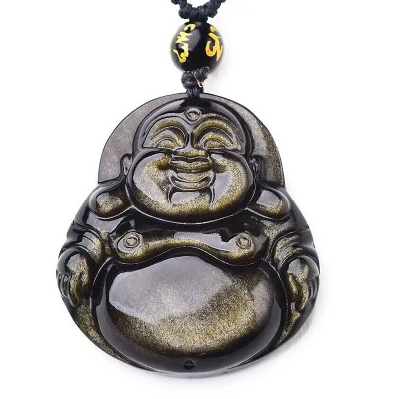 Colgante de collar de riqueza de obsidiana con brillo dorado de Buda sonriente con Buddha Stones - image 7
