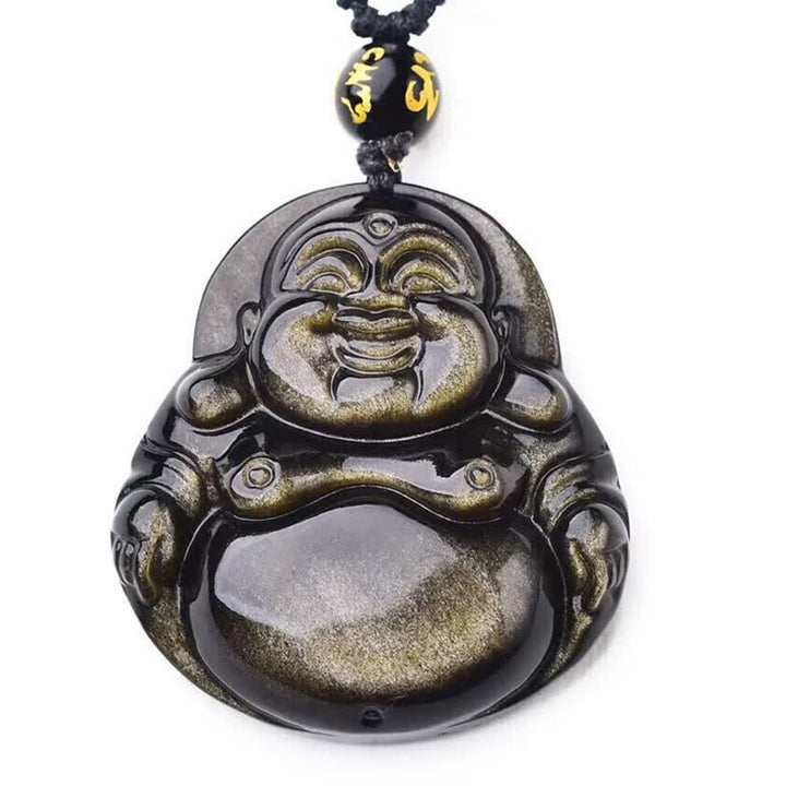 Colgante de collar de riqueza de obsidiana con brillo dorado de Buda sonriente con Buddha Stones - image 7