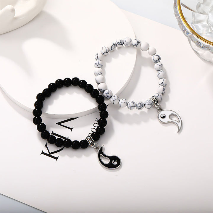 Buddha Stones 2 uds. Pulsera de pareja de protección Yin Yang con cuentas de turquesa blanca y ónix negro