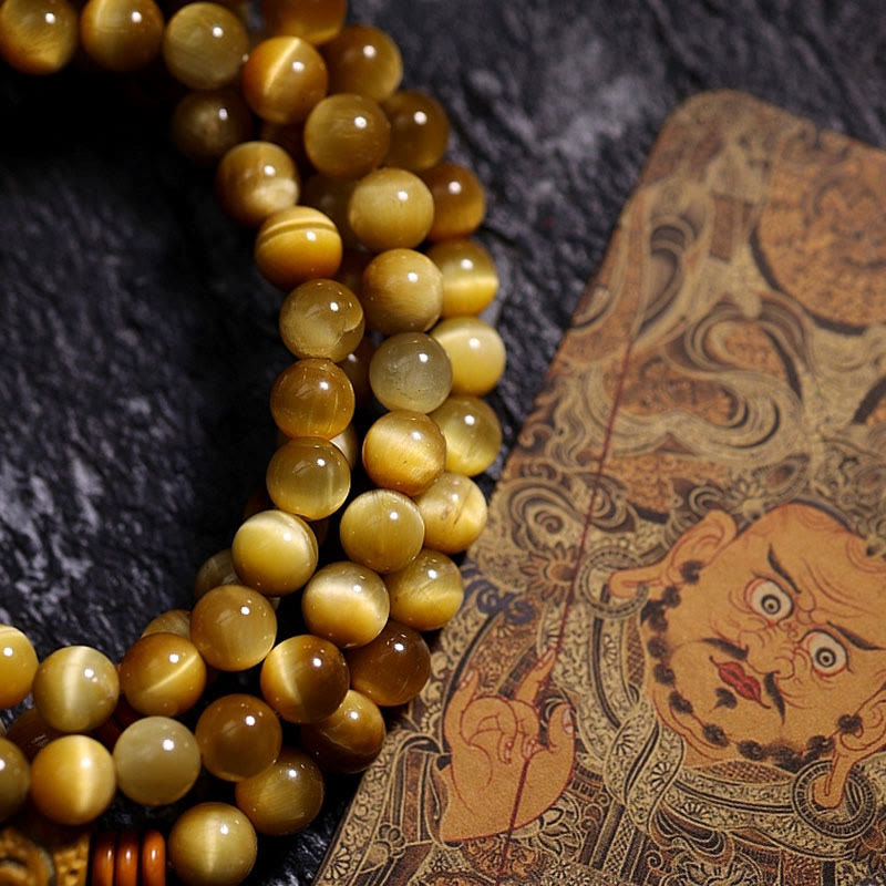 Pulsera con borlas de protección Dorje de cobre y ojo de tigre Natural, 108 cuentas de Mala , Buddha Stones