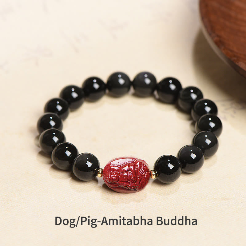Pulsera de purificación de cinabrio de obsidiana negra Natural de Buda natal del zodiaco chino con Buddha Stones