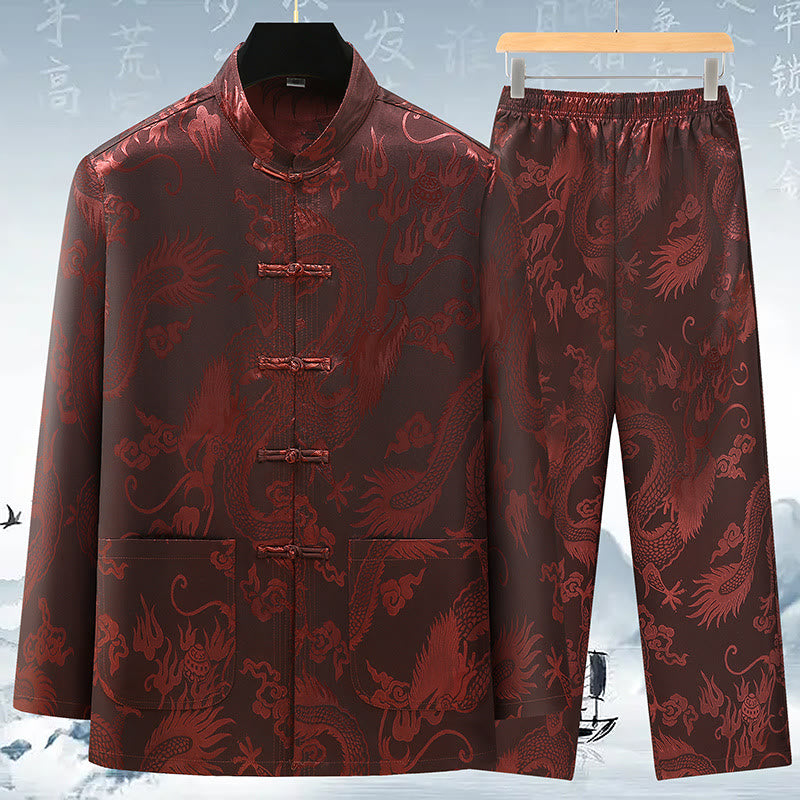 Traje Tang de Buddha Stones Hombres Hanfu Dragón Chino Ropa Tradicional Camisa de Kung Fu Uniforme Abrigo de Manga Larga Tops y Pantalones Ropa Conjunto para Hombres - Marrón - US/UK/AU42, EU52 (3XL) - image 3