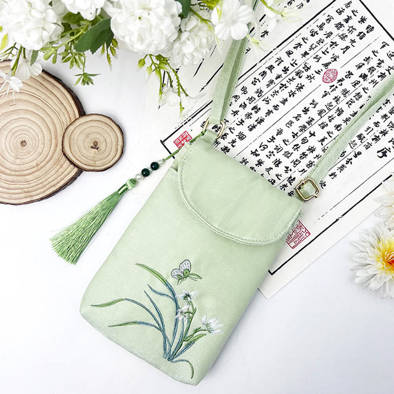 Bolso bandolera con flores bordadas pequeñas y Buddha Stones, bolso de hombro, bolso para móvil de doble capa