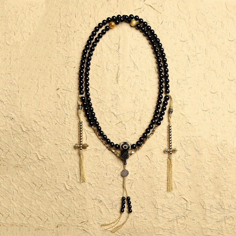 Pulsera de protección de cuentas Dzi de tres ojos de ónix negro con cuentas tibetanas de 108 Mala