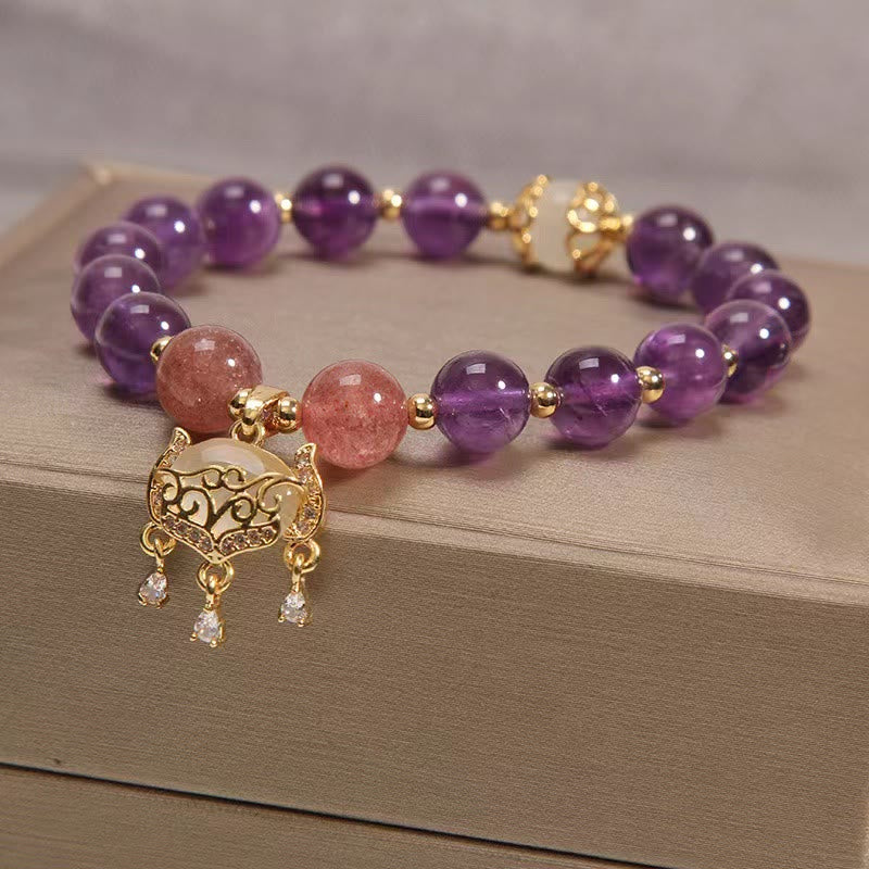 Pulsera curativa con dije de cerradura china, Buddha Stones, amatista Natural, cuarzo fresa, ojo de gato - image 4